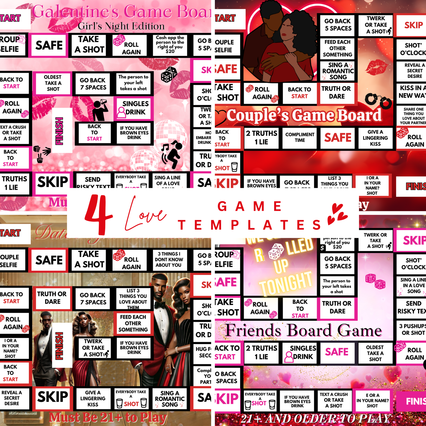 4 Love Game Bundle Templates | Printable Valentine’s Day Party Game Set | DIY Board Games